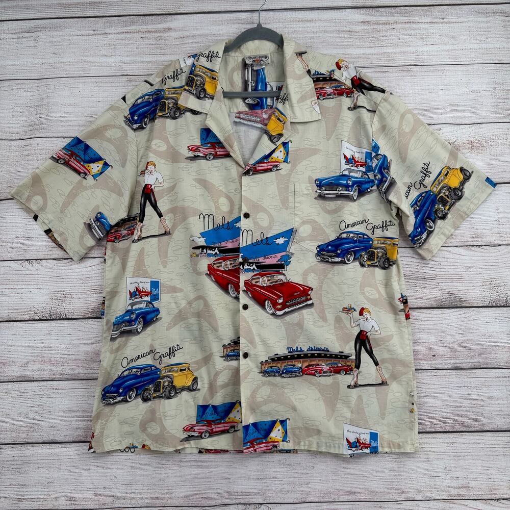 Vintage Pacific Legend American Graffiti Hawaiian‎ Shirt Mens 3XL Tan Beige